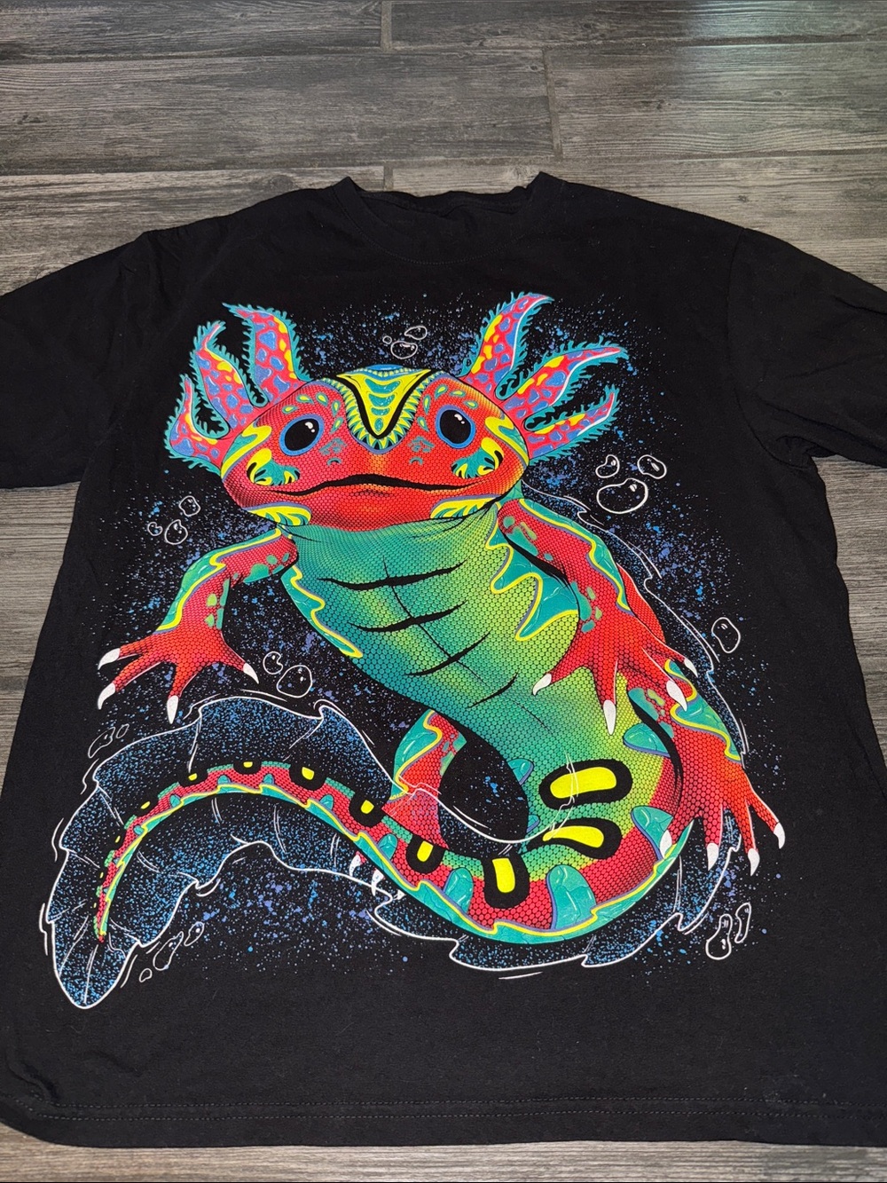 Black T-Shirt with Neon Axolotl Graphic - Vibrant Green & Red